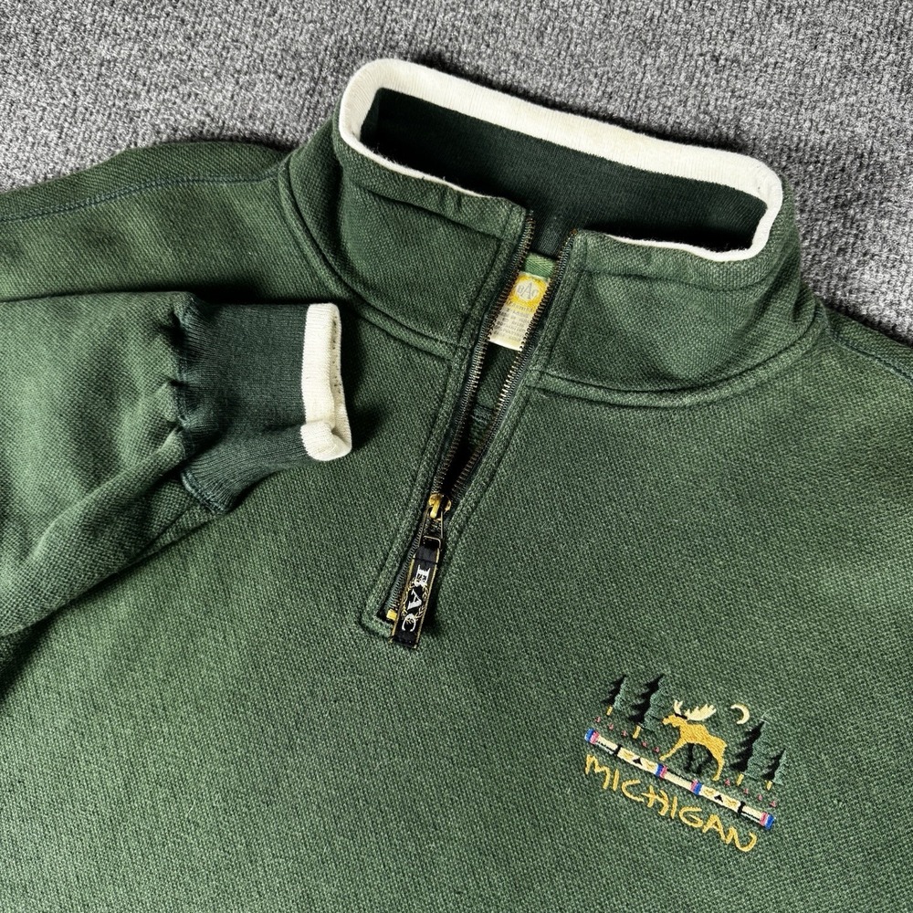 Vintage Michigan BAC embroidered Moose 1/4 Zip XL Retro Olive Green 90s Q Zip